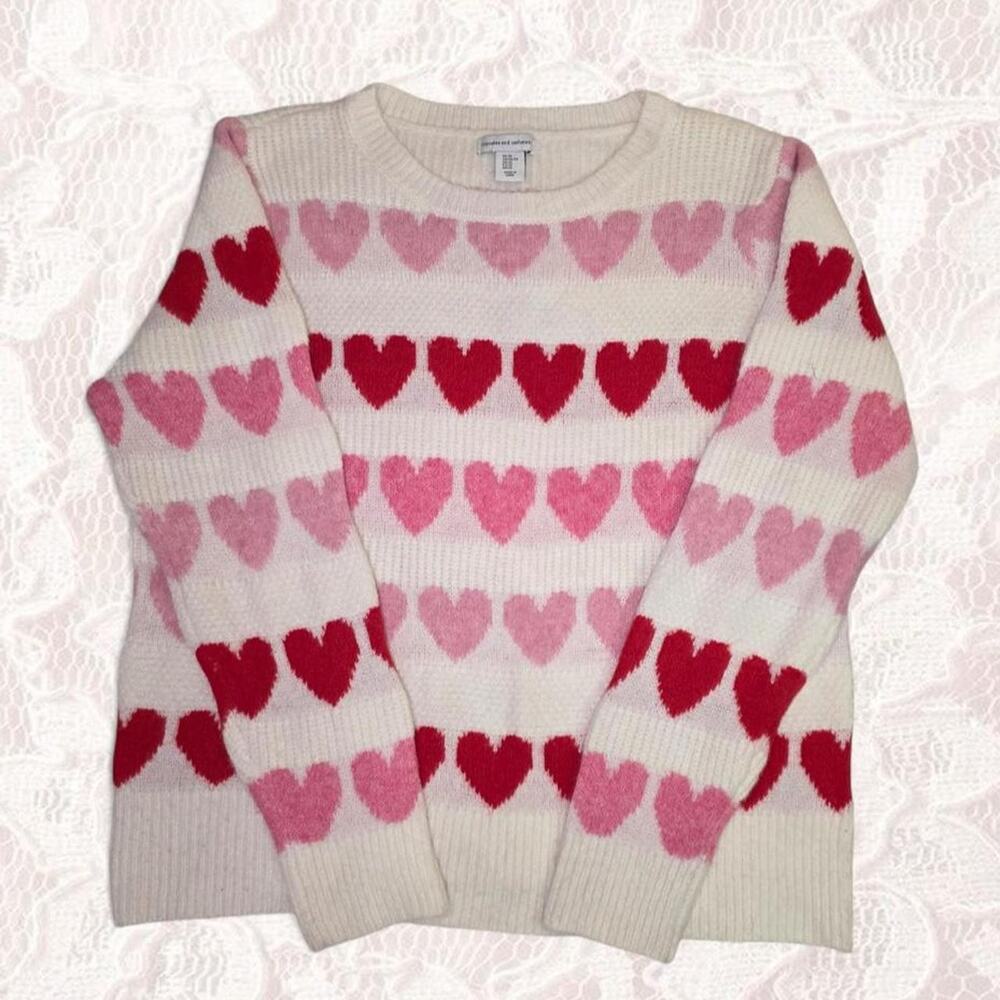 Cupcakes and Cashmere Heart Print Knit Sweater Cream Pink Red XL